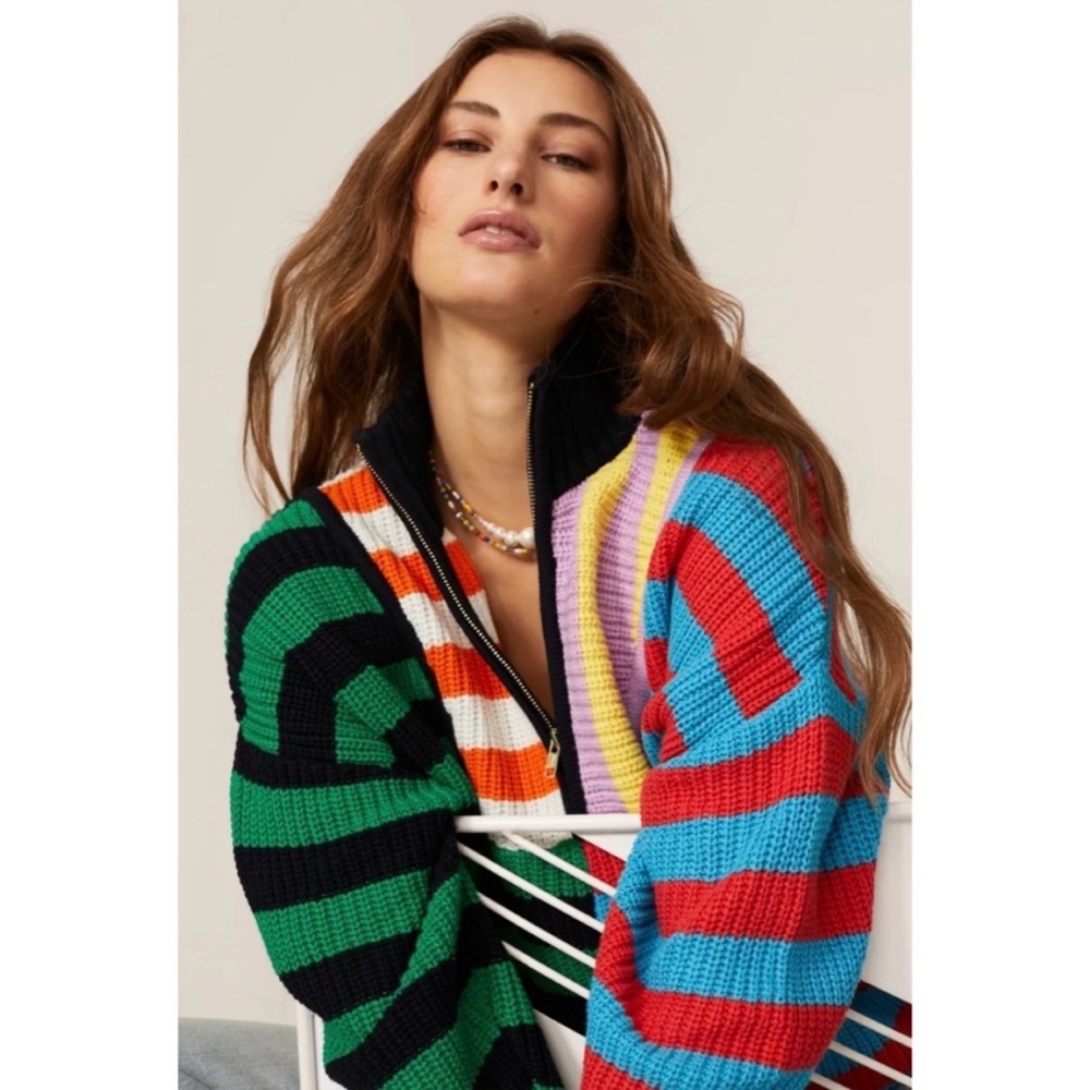 Staud Hampton Sweater Med Chunky Cotton Cabana Stripe Oversized Preppy Colorful - Picture 2 of 12